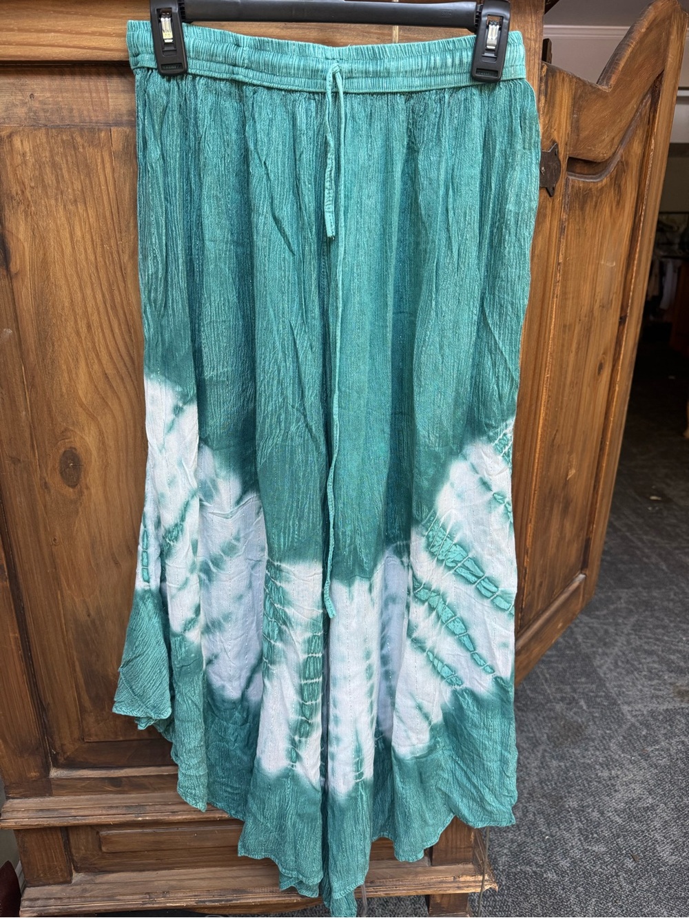 Teal and White bohemian 100% viscose Tie-Dye Wide-Leg Palazzo Pants - Picture 4 of 5